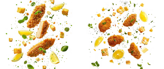 Crispy chicken strips with lemon and croutons falling, isolated on transparent background