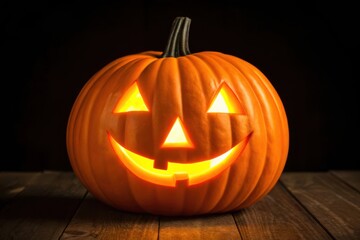 A glowing jack o lantern with a happy face on a wooden surface
