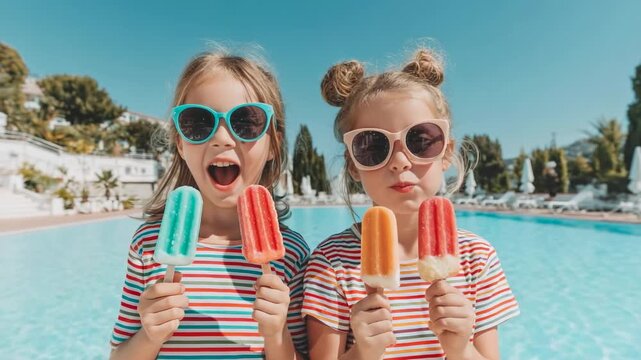 Summer fun by the pool with kids enjoying colorful ice pops in matching striped shirts and sunglasses