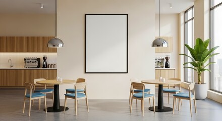 Cafe Interior with Blank Frame, Round Tables, and Modern Decor for Advertisement Mockup