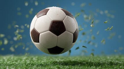 Fototapeta premium Football Flies Through Green Grass During Game Soccer Ball Soars Above Vibrant Playing Field