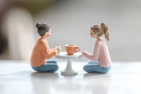 Two miniature figures, dressed in sweaters and jeans, enjoy a coffee date at a small table. - Powered by Adobe