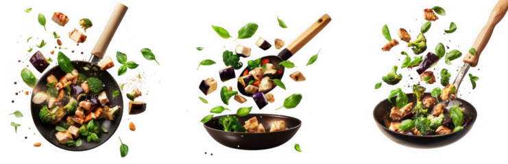 Ingredients tossed in a wok for cooking, with basil and garlic, isolated on transparent background