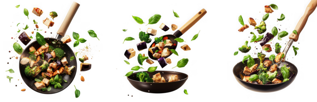 Ingredients tossed in a wok for cooking, with basil and garlic, isolated on transparent background