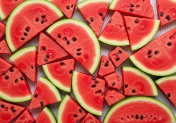 Vibrant overhead view of freshly cut watermelon slices arranged in a lively pattern, showcasing their juicy texture and bright colors