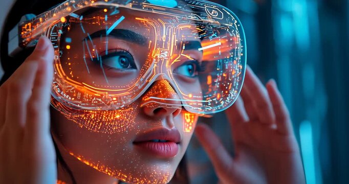 A woman wearing transparent VR glasses with orange lines, experiencing a futuristic virtual world.