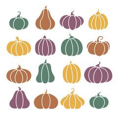 Pumpkins Flat Autumn Set. Squash Doodle Collection. Fall Harvest Stylized Gourds Bundle. 