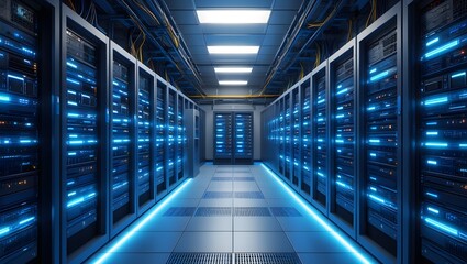 Dark colorful servers center room with computers and storage systems.