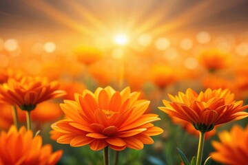 Vibrant orange flowers bathed in warm golden sunlight