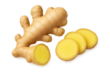 Fresh ginger root and slices on transparent background