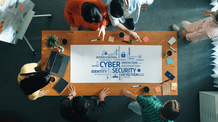 A group of professionals engaged in a brainstorming session on cyber security strategies, focusing on protection and detection methods, while highlighting key concepts. Amity