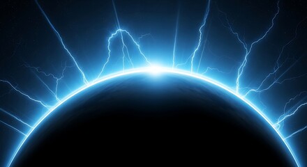 Abstract illustration of a planet with vibrant blue lightning bolts.