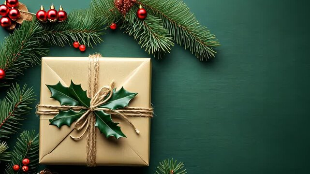 Elegant gift box with festive decorations on green background surrounded by pine cones and holly