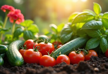 vibrant vegetable garden sun kissed produce fresh organic colorful harvest blooming greenery, flower, sunlight, fruit, soil, nature, root, vine, plant