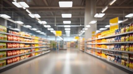 Blurred Supermarket Aisle Perspective: Shopping Retail Environment with Shelves, Products, and Bright Lighting