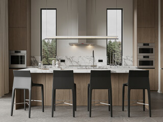 Luxury kitchen with marble island, black bar stools, and floor-to-ceiling windows for natural lighting and forest views.
