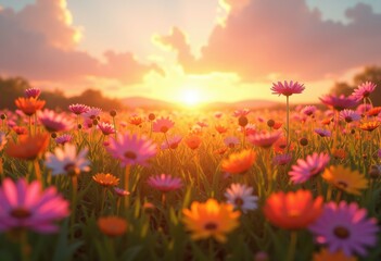 Obraz premium vibrant wildflower field sunset colorful flora bloom nature landscape scenic beauty, petal, meadow, spring, floraflora, grass, blossom, vibrancy, dew, leaf