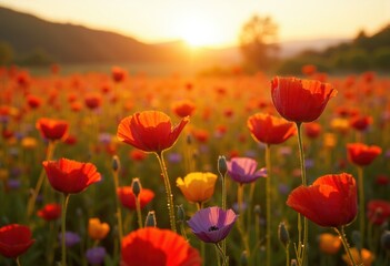 Obraz premium vibrant wildflower fields sunrise radiant colors spring awakening, nature, landscape, blossom, meadow, dawn, pollen, vivid, petal, dew, scenic, flora