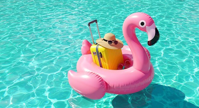 Summer vacation concept with pink flamingo float and yellow luggage in a swimming pool. YY 32