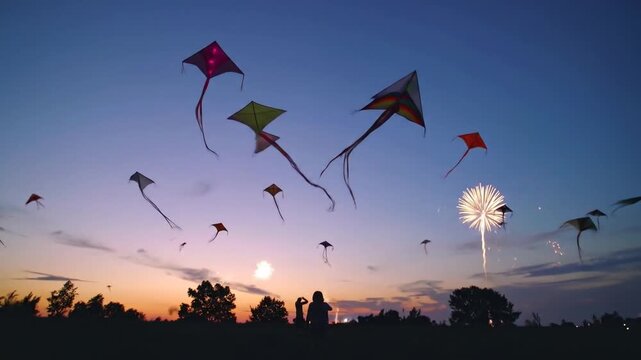 Enchanting kite festival celebration with colorful kites soaring against twilight sky with