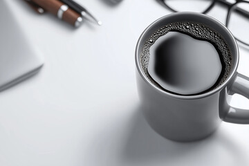 Desk Flat Lay with a cup of Coffee and blank space, pens and office setting 