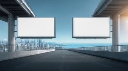 Blank White Billboard Mockups Hanging Under Overpass with City Skyline Background for Advertising