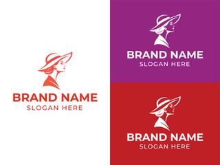 Obraz premium Orange and Purple Logo with Woman in Hat and Text Placeholders branding company