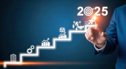 Obraz premium Business strategy towards goals in 2025, hand pointing to success concept, futuristic digital transformation, blue background