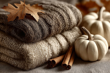 Sweaters folded with autumn leaves on wooden background with pumpkins 