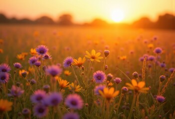 Obraz premium vibrant wildflowers golden savanna sunset nature colorful landscape serenity, field, flora, sky, meadow, petal, foliage, evening, beauty, outdoor