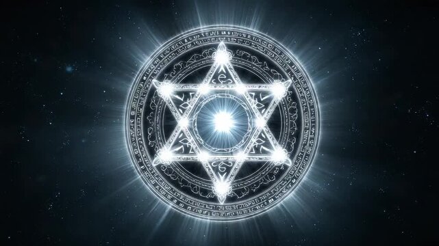  Glowing magical hexagram symbol with intricate patterns and radiant energy in cosmic starry background