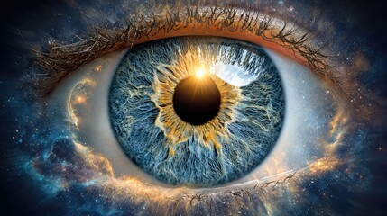 A detailed depiction of an eye, incorporating cosmic elements.