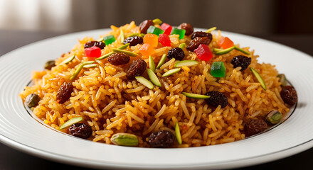 Traditional Zarda Sweet Rice with Candied Fruits, Raisins, and Pistachios on White Plate