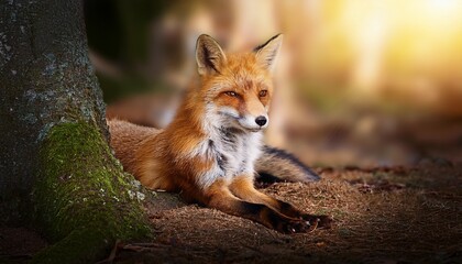 Fototapeta premium resting glowing fox beneath tree enchanted forest wildlife photography tranquil nature side view serene concept
