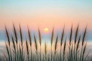 Fototapeta premium Serene sunset over calm water with tall grass silhouettes
