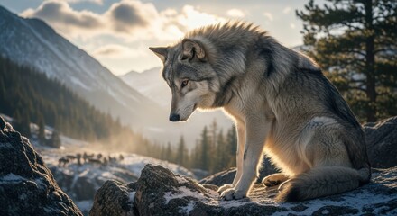 Majestic wolf in mountainous landscape at sunset