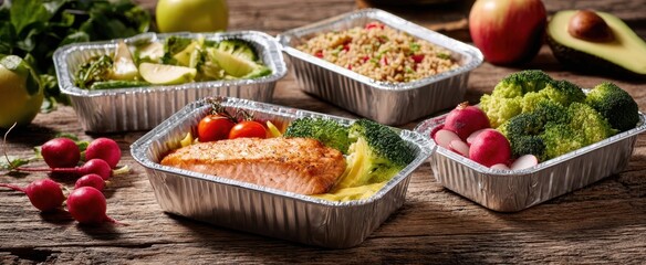 The delicious assortment of healthy meals in aluminum containers on wooden table.