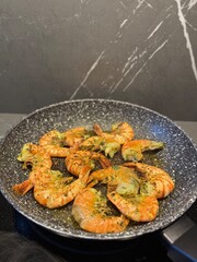 Grilled Shrimps in Frying Pan with Herbs