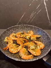 Grilled Shrimps in Frying Pan with Herbs