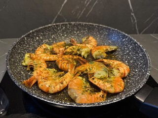 Grilled Shrimps in Frying Pan with Herbs