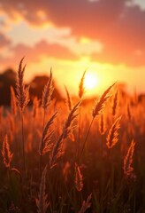 Fototapeta premium wind blown grasses swaying vibrant sunset light nature beauty serenity outdoor scene, landscape, field, wildflower, meadow, flora, sky, horizon, elegance