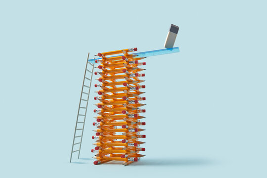 Pencil tower with ruler diving board and eraser