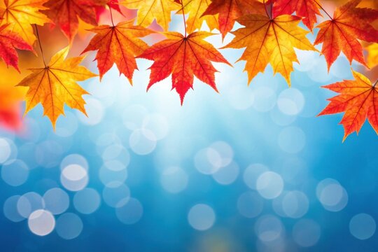 Vibrant autumn maple leaves against a soft blue bokeh background