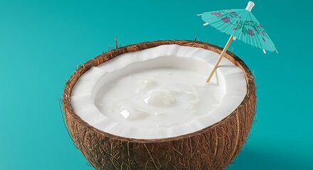Tropical coconut cocktail concept with fresh fruit on a vibrant turquoise background.