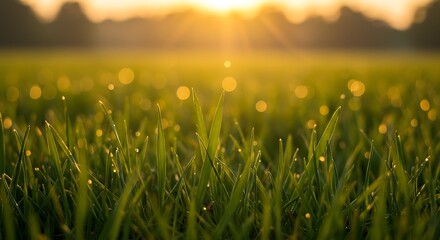 Lush green grass with morning dew drops glistening in the golden sunrise light