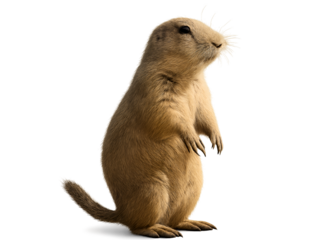 A cute prairie dog stands upright on its hind legs looking to the side with its fur detailed and isolated on transparent background