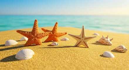 Starfish and seashells on a sunny golden sandy beach with a turquoise ocean backdrop