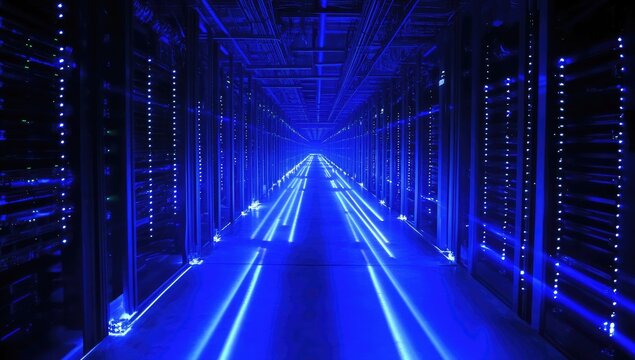 A server room illuminated with blue light.