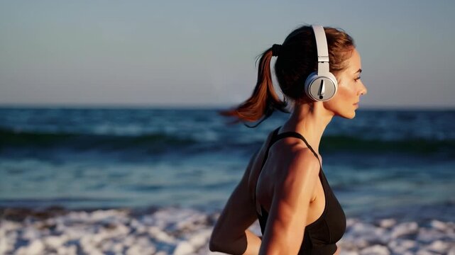 A woman wearing headphones and running on the beach. Woman running on the beach with headphones. Active fitness exercise in the ocean. A woman jogging on the beach while wearing headphones lifestyle.