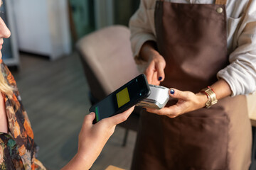 Waitress taking payment with modern pos terminal